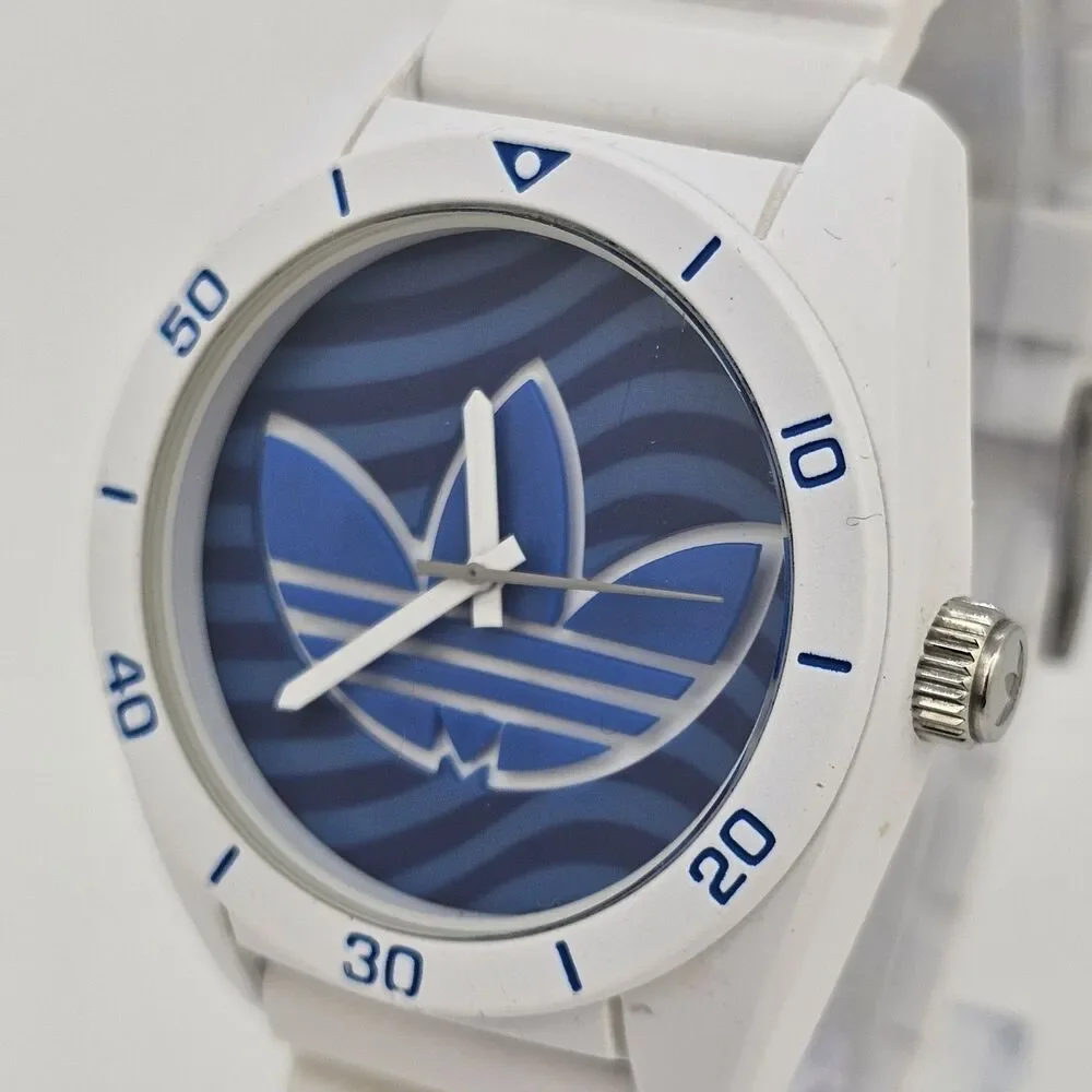 Adidas Men's Watch 41MM Blue White Dial‎ White Plastic Bands New Battery
